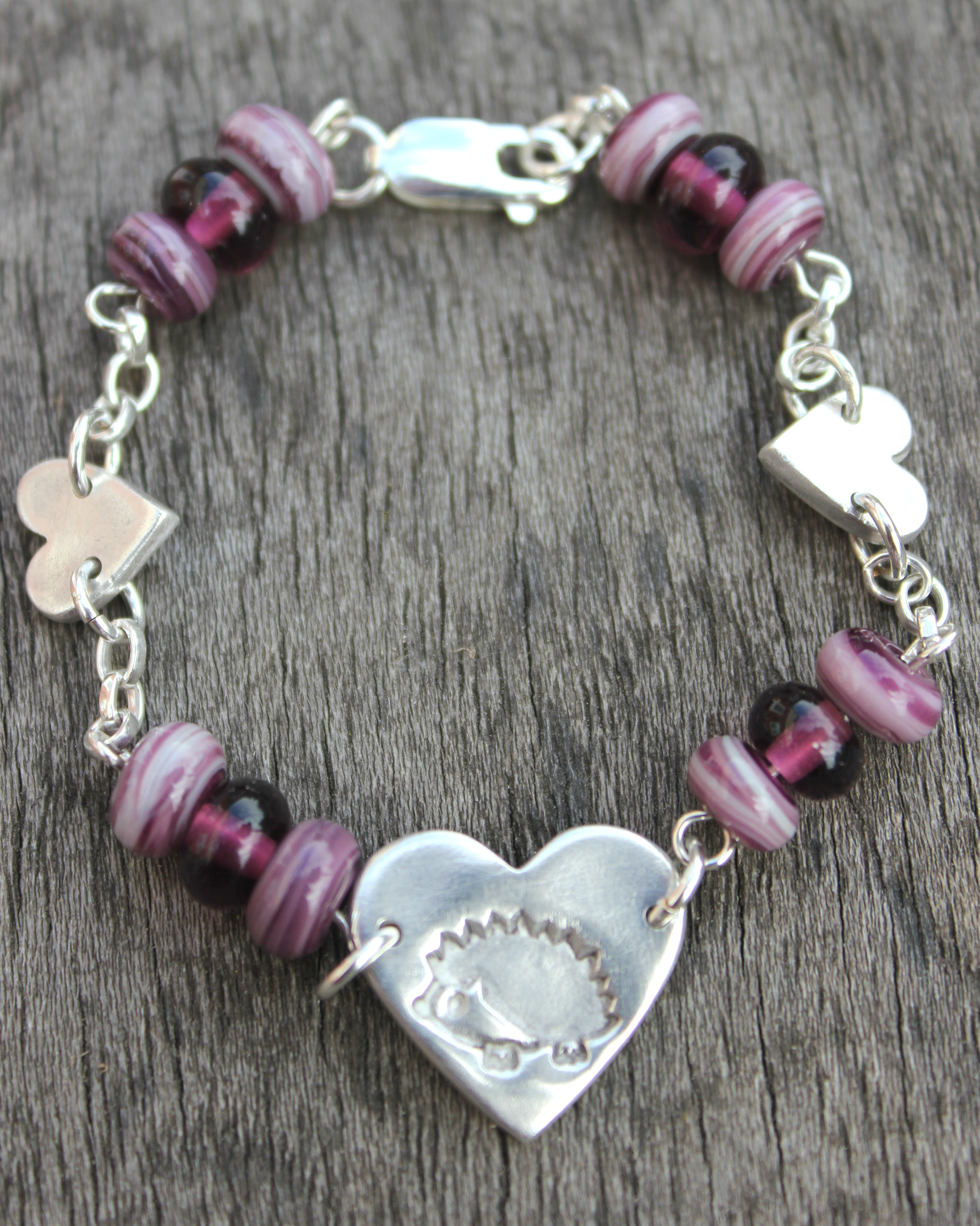 Hedgehog heart bracelet, silver hedgehog bracelet, glass bead bracelet by Little Silver Hedgehog